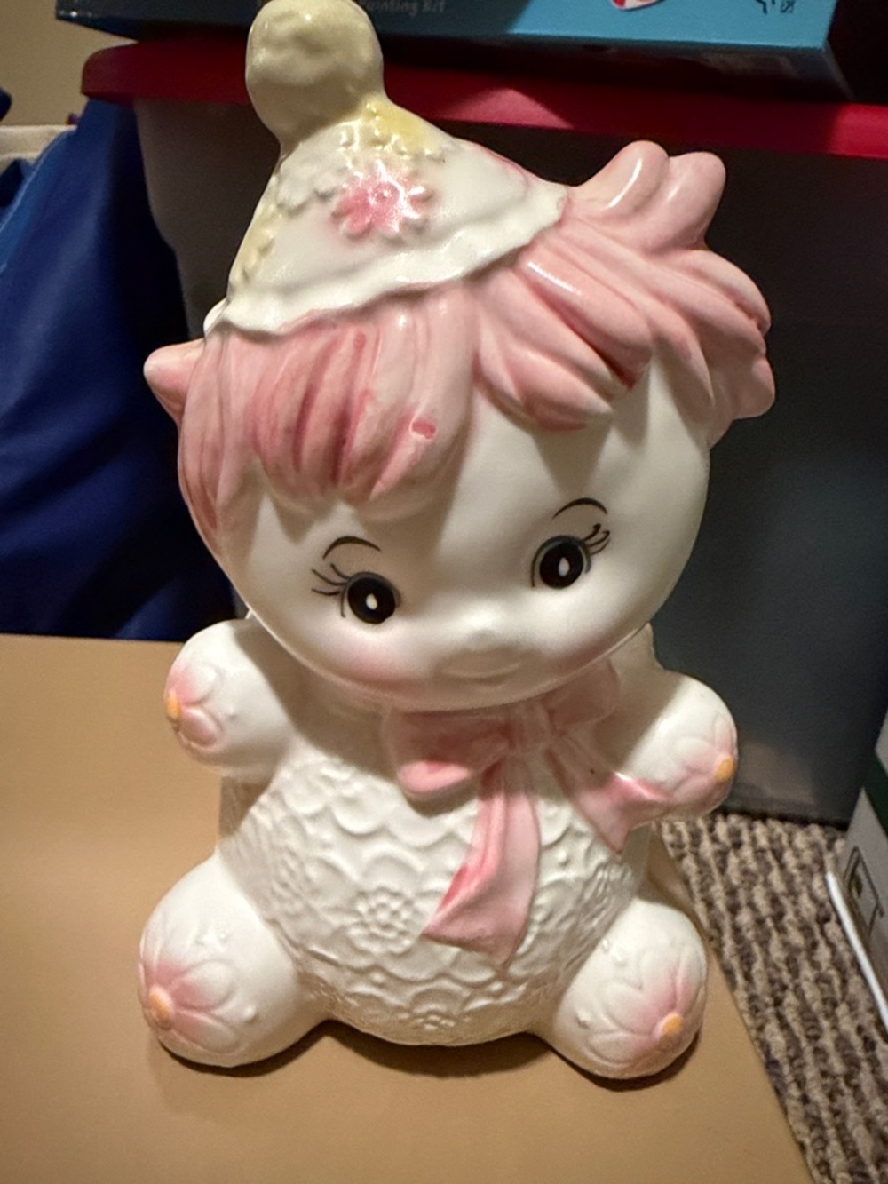 Vintage 1970’s Pink & White Ceramic Figurine Vase — Cute Nursery Accent